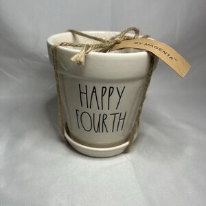 Rae Dunn HAPPY FOURTH FLAG July Ceramic Planter Garden FLOWER POT & Tray White